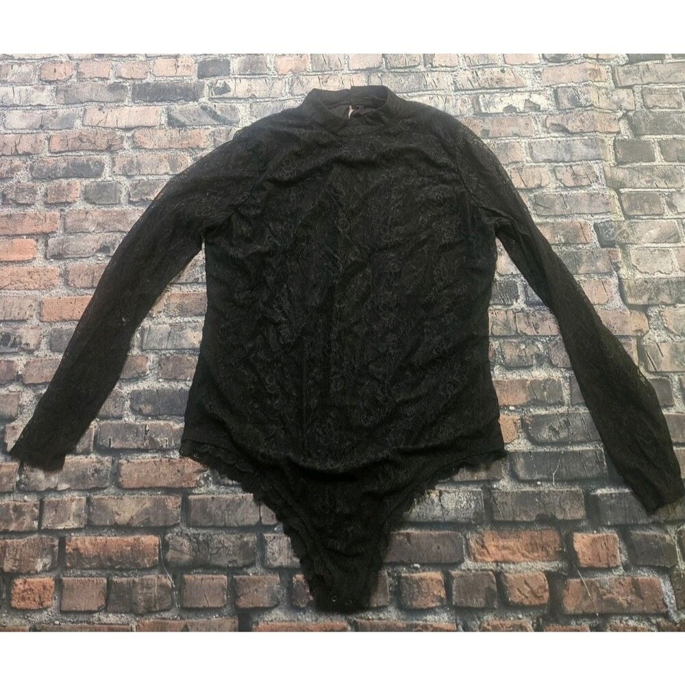 Who What Wear Bodysuit Size XXL Black Lace Mock Neck Long Sleeve Sheer Floral